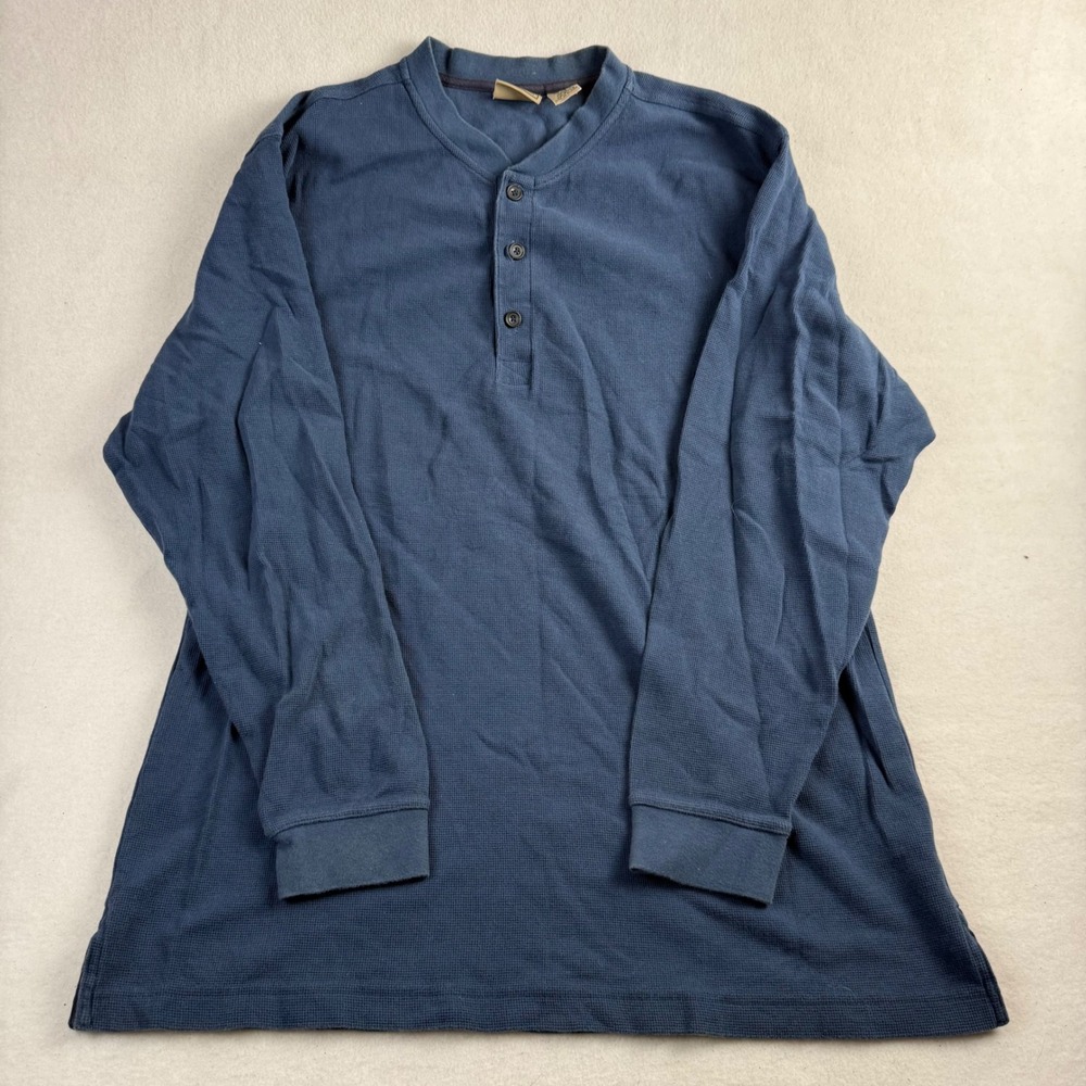 LL Bean Mens Large Tall Blue Waffle Knit Cotton Henley Long Sleeve Shirt KB21